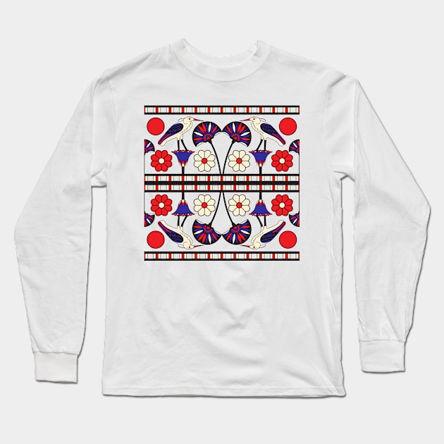 Egypt style symbol in red and blue with birds and flowers Long Sleeve T-Shirt by BE MY GUEST MARKETING LLC